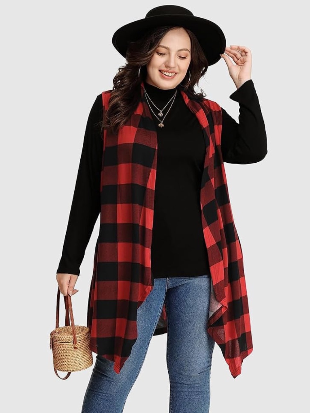 Red Buffalo Plaid Open-Front Sleeveless Vest/Cardigan NEW L/XL - Picture 3 of 4
